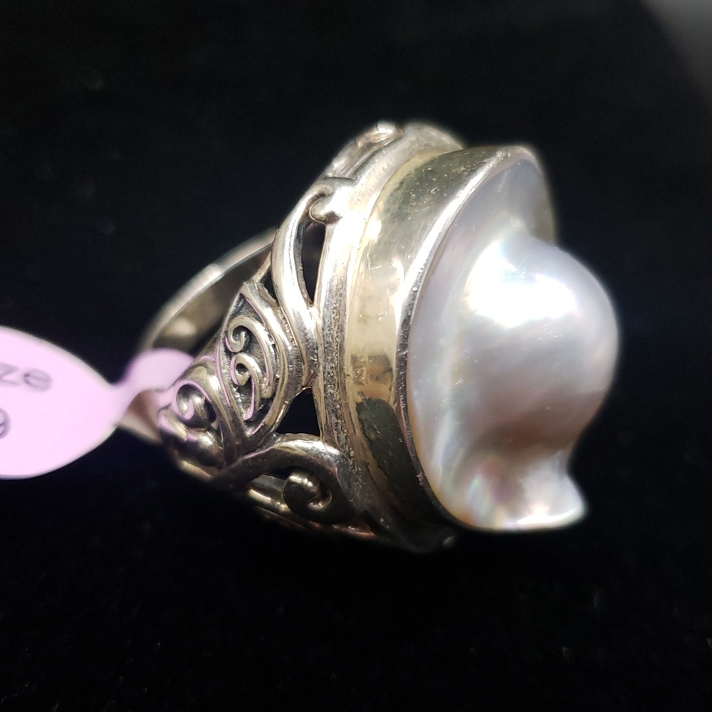 Bali Couture 925 Silver Gray Baroque Pearl Dome Statement Ring, 9